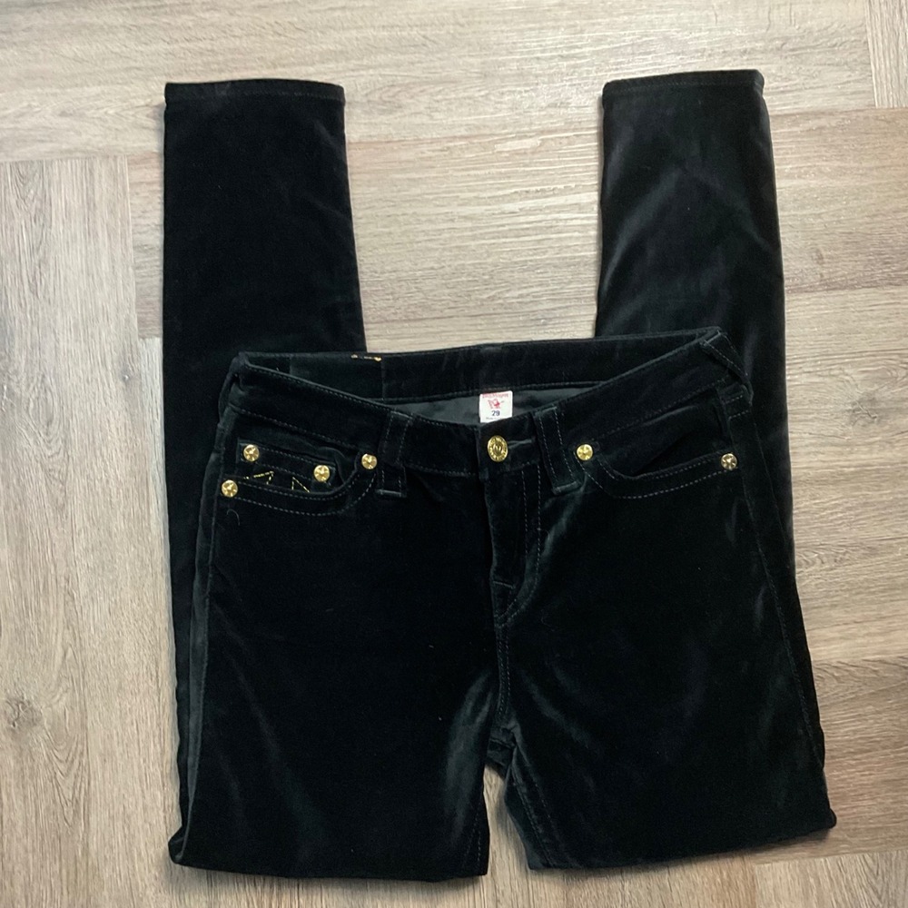 Y2K True Religion Velvet Super Skinny Jeans Womens 29 Black Gold Horseshoe Logo - Picture 2 of 11